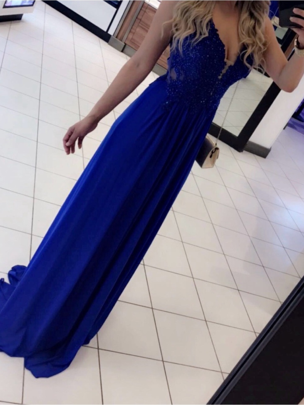 JVN by Jovani Royal Blue Beaded Lace Maxi Gown